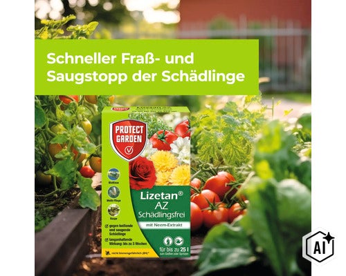 Protect Garden Lizetan AZ Schädlingsfrei mit Neem-Extrakt zum Gießen oder Spritzen für den Schutz von Zierpflanzen sowie Obst und Gemüse. (Image AI modified or generated)