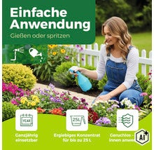 Frau sprüht mit einer Sprühflasche Pflanzenschutzmittel auf Blumen im Garten mit Symbolen für ganzjährige Anwendung und Ergiebigkeit. (Image AI modified or generated)
