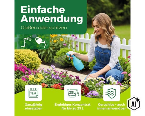 Frau sprüht mit einer Sprühflasche Pflanzenschutzmittel auf Blumen im Garten mit Symbolen für ganzjährige Anwendung und Ergiebigkeit. (Image AI modified or generated)