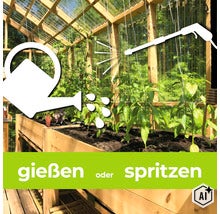 Ein Gewächshaus aus Holz mit Pflanzen, ergänzt durch Symbole für das Gießen mit einer Gießkanne oder das Spritzen mit einem Sprühgerät. (Image AI modified or generated)