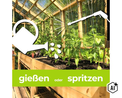 Ein Gewächshaus aus Holz mit Pflanzen, ergänzt durch Symbole für das Gießen mit einer Gießkanne oder das Spritzen mit einem Sprühgerät. (Image AI modified or generated)