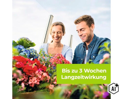 Ein lächelndes Paar gärtnert gemeinsam vor blühenden Blumen mit einem Hinweis auf bis zu 3 Wochen Langzeitwirkung. (Image AI modified or generated)