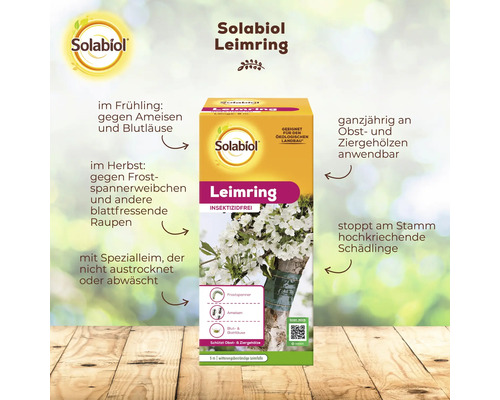 Solabiol Leimring für Obst und Ziergehölze zur Bekämpfung kriechender Schädlinge, insektizidfrei, fünf Meter Rolle für ganzjährige Anwendung.