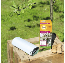 Solabiol Leimring zur Insektenabwehr an Obst und Ziergehölzen, 5 Meter Rolle mit Befestigungsschnur auf einer Holzkiste im Garten.