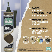 Sista Bad Sanitärsilikon in einer nachhaltigen Kartusche mit bebilderter Gebrauchsanweisung zur Entsorgung und Recyclinginformationen.
