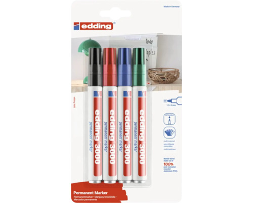 Edding 3000 Permanentmarker Set mit vier Markern in verschiedenen Farben, nachfüllbar mit 1,5 bis 3 Millimeter Strichbreite.
