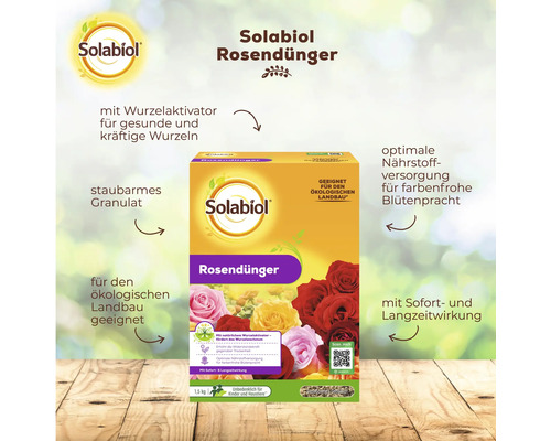 Solabiol Rosendünger im Karton mit 1,5 Kilogramm Inhalt, geeignet für ökologischen Landbau mit Sofort- und Langzeitwirkung.
