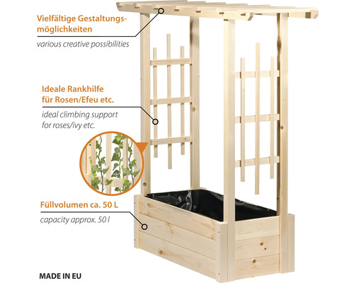 Pflanzkasten aus Holz mit Rankgitter als Rankhilfe für Kletterpflanzen mit einem Füllvolumen von circa 50 Litern hergestellt in der Europäischen Union