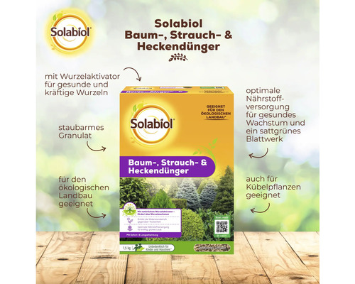 Solabiol Baum-, Strauch- und Heckendünger mit Wurzelaktivator in 1,5 Kilogramm Packung für ökologischen Landbau geeignet.