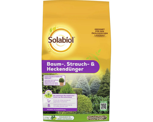 Solabiol Baum-, Strauch- & Heckendünger, 5 kg Sack für kräftiges Pflanzenwachstum mit Wurzelaktivator, geeignet für ökologischen Landbau.