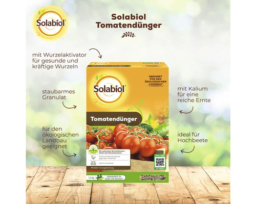 Solabiol Tomatendünger Granulat 1,5 kg für ökologischen Landbau mit Wurzelaktivator und Kalium für kräftige Pflanzen und eine reiche Ernte.