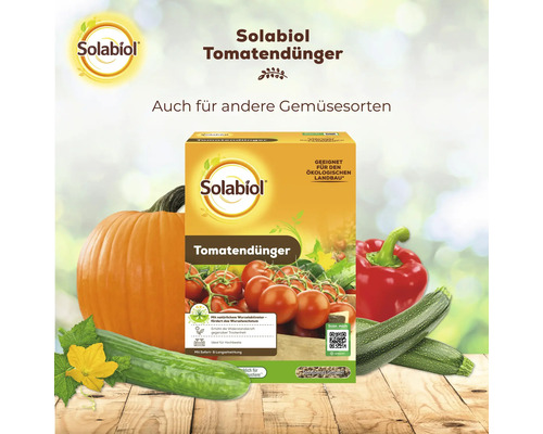 Solabiol Tomatendünger in der Schachtel, geeignet für Tomaten und anderes Gemüse, zur Förderung des Wachstums und der Widerstandskraft.