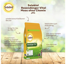 Solabiol Rasendünger Vital 14 kg im wiederverschließbaren Beutel mit hohem Eisengehalt zur Bekämpfung von Moos ohne chemische Mittel.