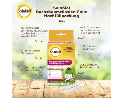 Solabiol Buchsbaumzünsler-Falle Nachfüllpackung mit zwei Pheromonspritzen für eine ganze Gartensaison zur optimalen Befallskontrolle.