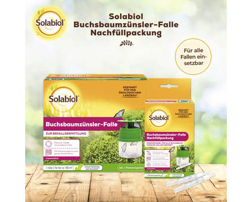 Solabiol Buchsbaumzünsler Falle Nachfüllpackung mit zwei Pheromonspritzen zur biologischen Befallsermittlung von Buchsbaumzünslern im Garten.