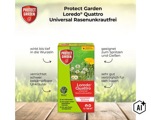 Protect Garden Loredo Quattro Universal Rasenunkrautfrei zur Unkrautbekämpfung im Rasen für 100 Quadratmeter (Image AI modified or generated)