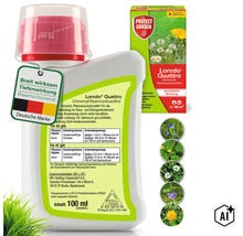 Loredo Quattro Universal Rasenunkrautfrei 100 ml Flasche mit Faltschachtel zur Bekämpfung von zweikeimblättrigen Unkräutern im Rasen. (Image AI modified or generated)