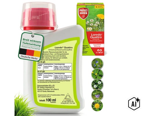 Loredo Quattro Universal Rasenunkrautfrei 100 ml Flasche mit Faltschachtel zur Bekämpfung von zweikeimblättrigen Unkräutern im Rasen. (Image AI modified or generated)