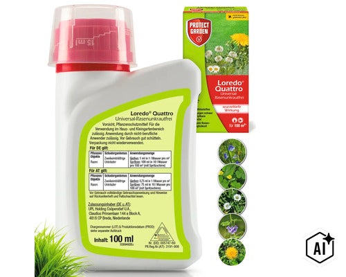 Protect Garden Loredo Quattro Universal Rasenunkrautfrei Konzentrat zur Bekämpfung zweikeimblättriger Unkräuter im Rasen 100 Milliliter (Image AI modified or generated)