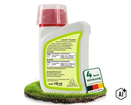 Loredo Quattro Universal Rasenunkrautfrei 100 Milliliter Unkrautvernichter für Rasen mit vierfacher Langzeitwirkung (Image AI modified or generated)