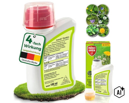Loredo Quattro Universal Rasenunkrautfrei Flasche mit 100 Milliliter Inhalt zur Unkrautbekämpfung im Rasen inklusive Dosierkappe. (Image AI modified or generated)