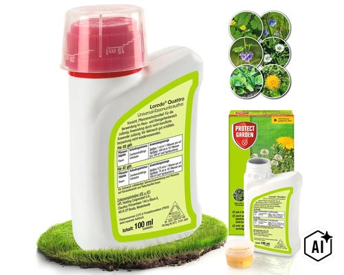 Loredo Quattro Rasenunkrautfrei Unkrautvernichter für Rasen, 100 Milliliter Flasche mit Dosierkappe. (Image AI modified or generated)