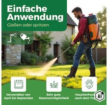 Mann beim Versprühen von Rasenpflegemittel mit einem Rückensprühgerät im Garten, mit Informationen zur Anwendung und Verträglichkeit. (Image AI modified or generated)