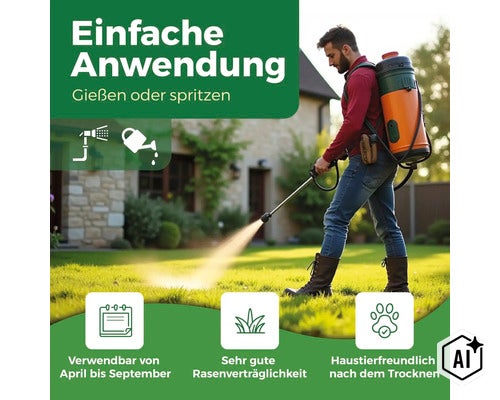 Mann beim Versprühen von Rasenpflegemittel mit einem Rückensprühgerät im Garten, mit Informationen zur Anwendung und Verträglichkeit. (Image AI modified or generated)