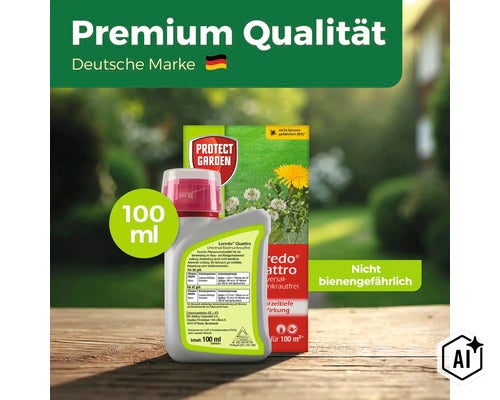 Protect Garden Loredo Quattro Universal Rasenunkrautfrei 100 Milliliter Flasche mit Verpackung (Image AI modified or generated)