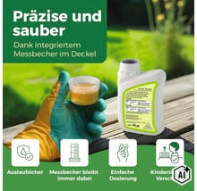 Loredo Quattro Universal Rasenunkrautfrei Unkrautvernichter mit integriertem Messbecher im Deckel für präzise Dosierung und Kindersicherung. (Image AI modified or generated)