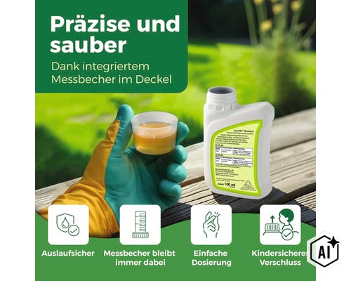 Loredo Quattro Universal Rasenunkrautfrei Unkrautvernichter mit integriertem Messbecher im Deckel für präzise Dosierung und Kindersicherung. (Image AI modified or generated)