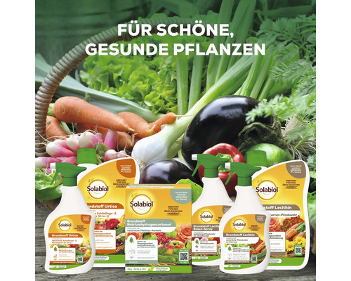 Eine Auswahl an Solabiol Pflanzenschutzmitteln gegen Schädlinge und Pilze vor einem Korb mit frischem Gemüse zur Förderung gesunder Pflanzen.