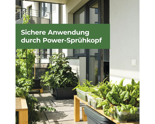 Balkon mit verschiedenen Pflanzen in Töpfen und Pflanzbehältern auf Holztischen als Anwendungsszenario für Pflanzenschutzmittel.