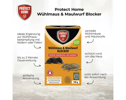 Produktverpackung Protect Home Wühlmaus und Maulwurf Blocker als Mittel zur Vertreibung von Nagern mit einer Wirkungsdauer von bis zu zwei Monaten