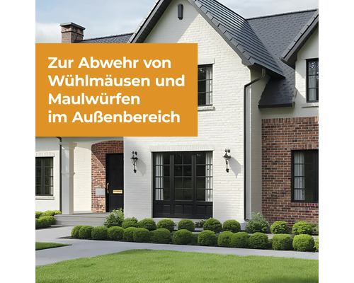 Wohnhaus mit Garten und Textoverlay zur Abwehr von Wühlmäusen und Maulwürfen im Außenbereich