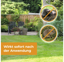 Gartenlandschaft mit Maulwurf und Wühlmaus Abwehr Symbolen und Textfeld mit der Aufschrift Wirkt sofort nach der Anwendung.