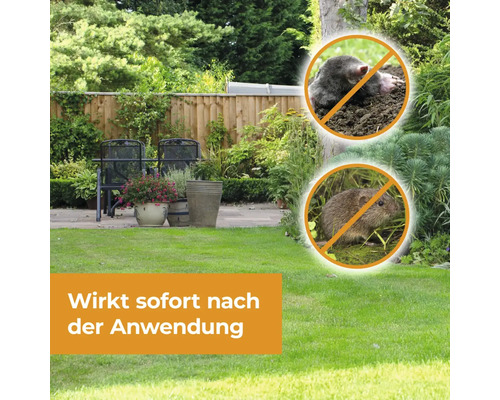 Gartenlandschaft mit Maulwurf und Wühlmaus Abwehr Symbolen und Textfeld mit der Aufschrift Wirkt sofort nach der Anwendung.