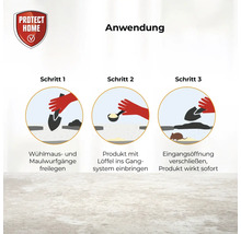 Anleitung zur Anwendung von Protect Home Wühlmaus- und Maulwurfbekämpfung in drei Schritten mit Illustrationen.