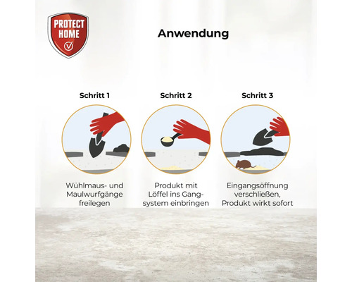 Anleitung zur Anwendung von Protect Home Wühlmaus- und Maulwurfbekämpfung in drei Schritten mit Illustrationen.