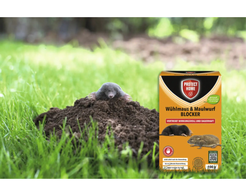 Produktpackung Protect Home Wühlmaus und Maulwurf Blocker Pulver gegen Schädlinge vor einer Wiese mit Maulwurf.