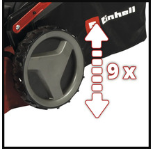 Einhell Logo und Rad eines Rasenmähers mit Symbol für neunfache zentrale Schnitthöhenverstellung