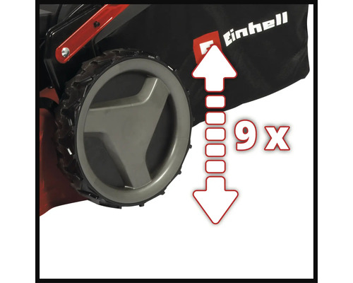 Einhell Logo und Rad eines Rasenmähers mit Symbol für neunfache zentrale Schnitthöhenverstellung