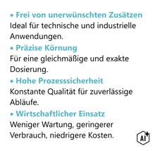 Produktmerkmale für technische Anwendungen: frei von Zusätzen, präzise Körnung, hohe Prozesssicherheit und wirtschaftlicher Einsatz. (Image AI modified or generated)