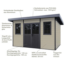 Gartenhaus mit Aluminiumrahmen, WPC Wandelementen, Doppeltür aus Aluminium und Sicherheitsglas, PVC Dach und Flachdachkonstruktion.