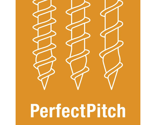 Grafik mit drei Schrauben und dem Text PerfectPitch zur Darstellung der optimalen Gewindesteigung bei Befestigungstechnik.