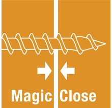 Symbol für Magic Close Technologie mit Schraube die zwei Bauteile zusammenzieht