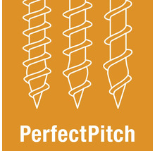 Grafik mit drei Schrauben und dem Text PerfectPitch zur Darstellung der optimalen Gewindesteigung bei Befestigungstechnik.