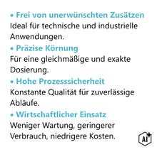 Informationstafel mit Produktvorteilen wie Reinheit, präzise Körnung, hohe Prozesssicherheit und Wirtschaftlichkeit für industrielle Anwendungen. (Image AI modified or generated)