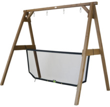 Spielgestell aus Holz mit integrierter Hängematte für Kinder zur Verwendung im Garten.