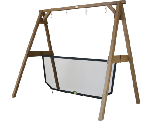 Spielgestell aus Holz mit integrierter Hängematte für Kinder zur Verwendung im Garten.